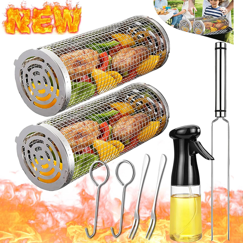 Kitchen Baking Tray Rack - BBQ Basket Stainless Steel Rolling Grilling