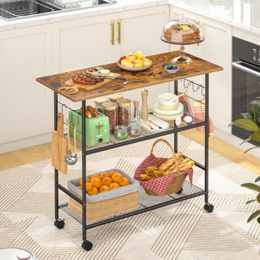 Kitchen Baking Cart - Kitchen Island with 3 Shelves, Rolling