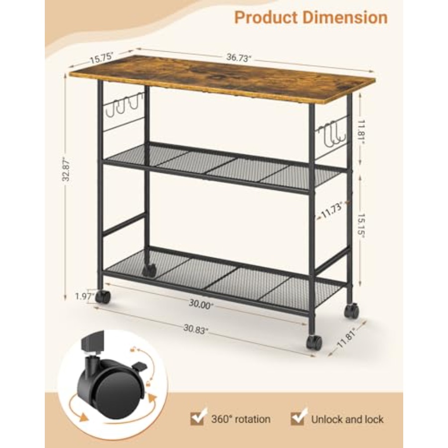 Kitchen Island with 3 Shelves, - Kitchen Baking Cart 리뷰 및 가격